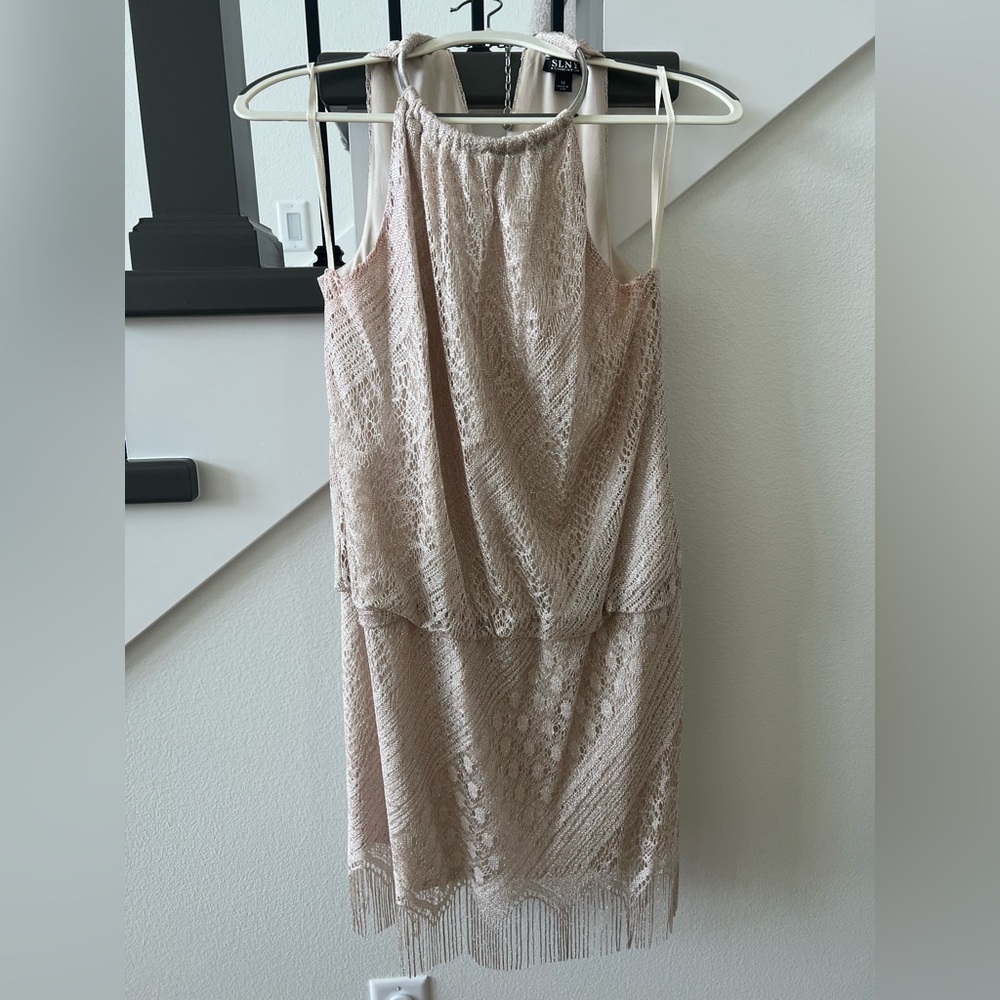 SLNY Shimmery Champagne Dress with Fringe